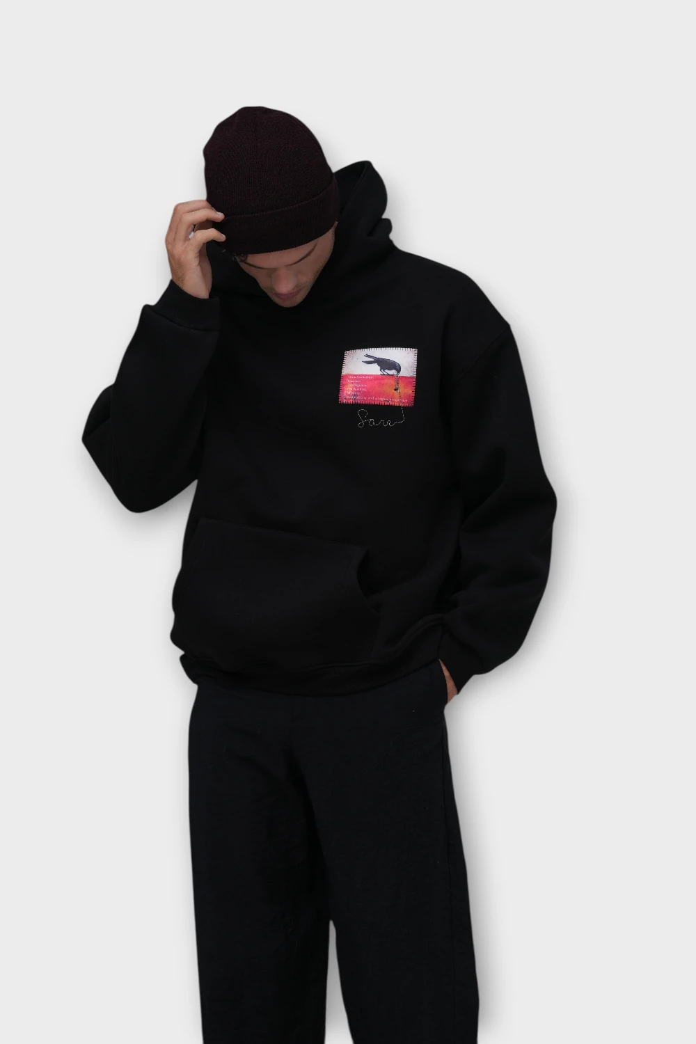 Transformation Karga Baskılı Oversize Hoodie - %100 Pamuk Şardonlu (İçi Polarlı) - Siyah