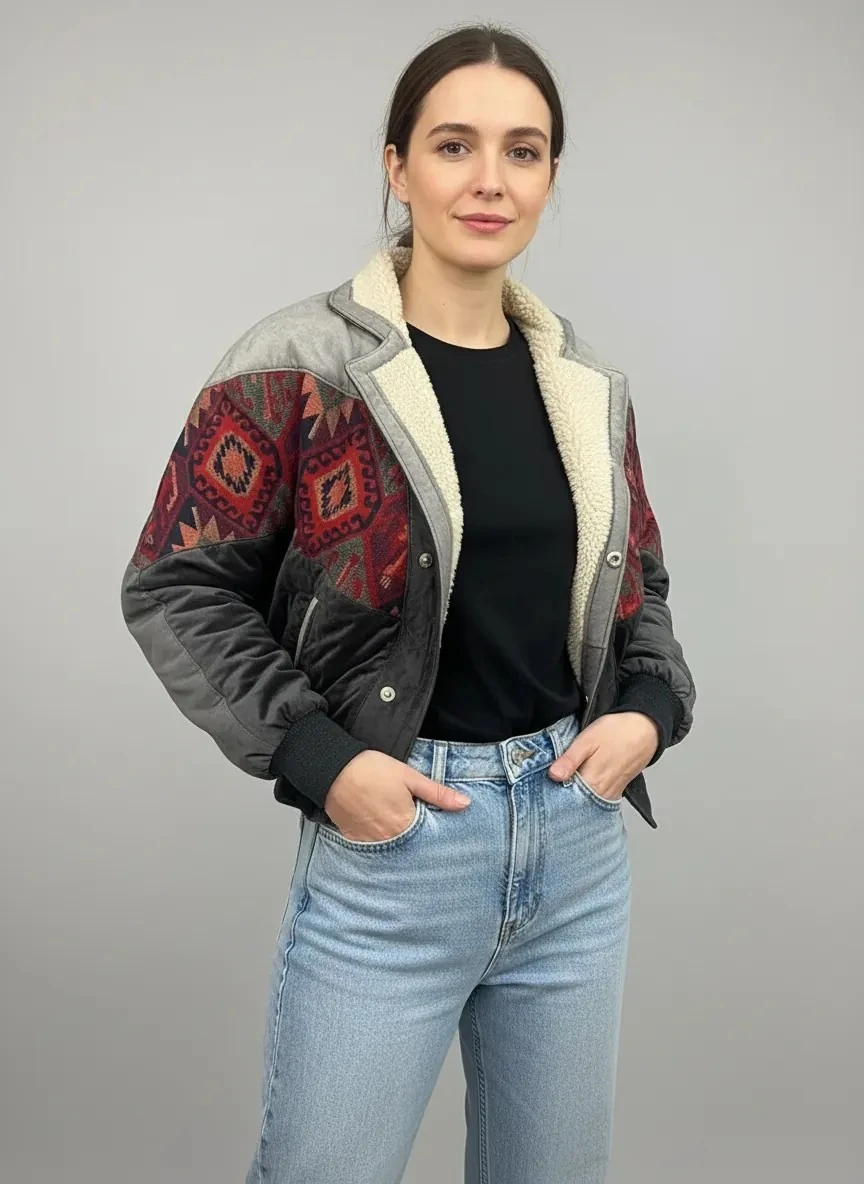 (7632) Small / Medium Beden Uyumlu Oversize Vintage Desen Ceket