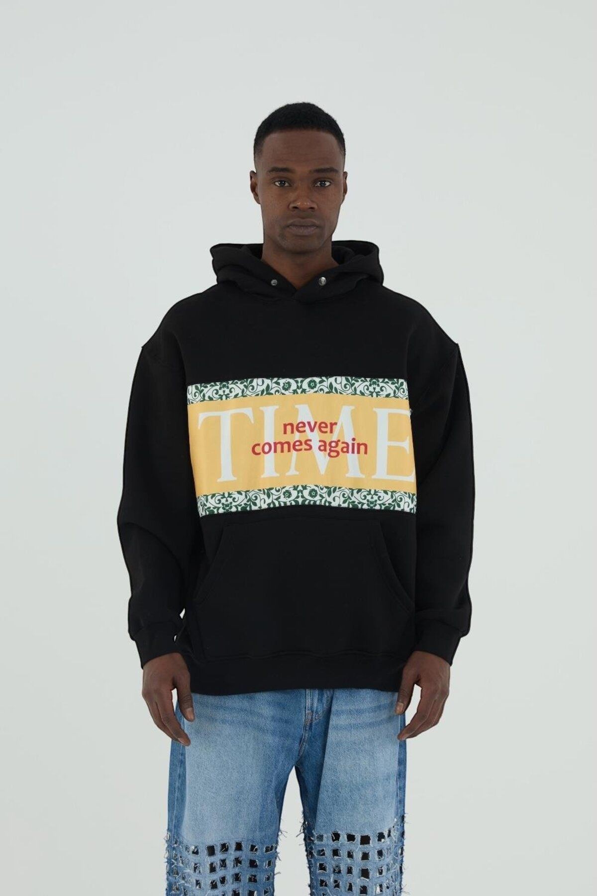 Time Yazılı Oversize Siyah Sweatshirt Hoodie - SW268