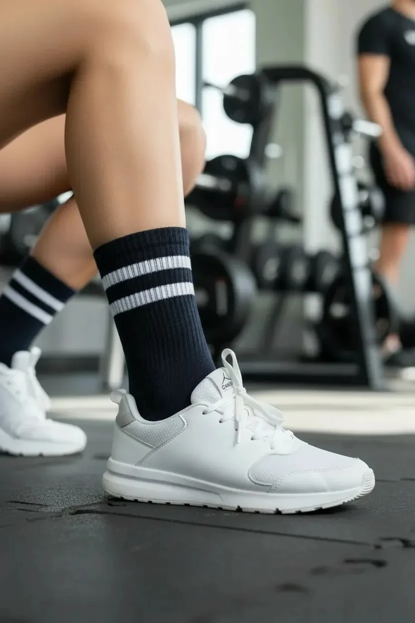 Siyah Renkli Çift Beyaz Şeritli Desenli Renkli Spor Çorap