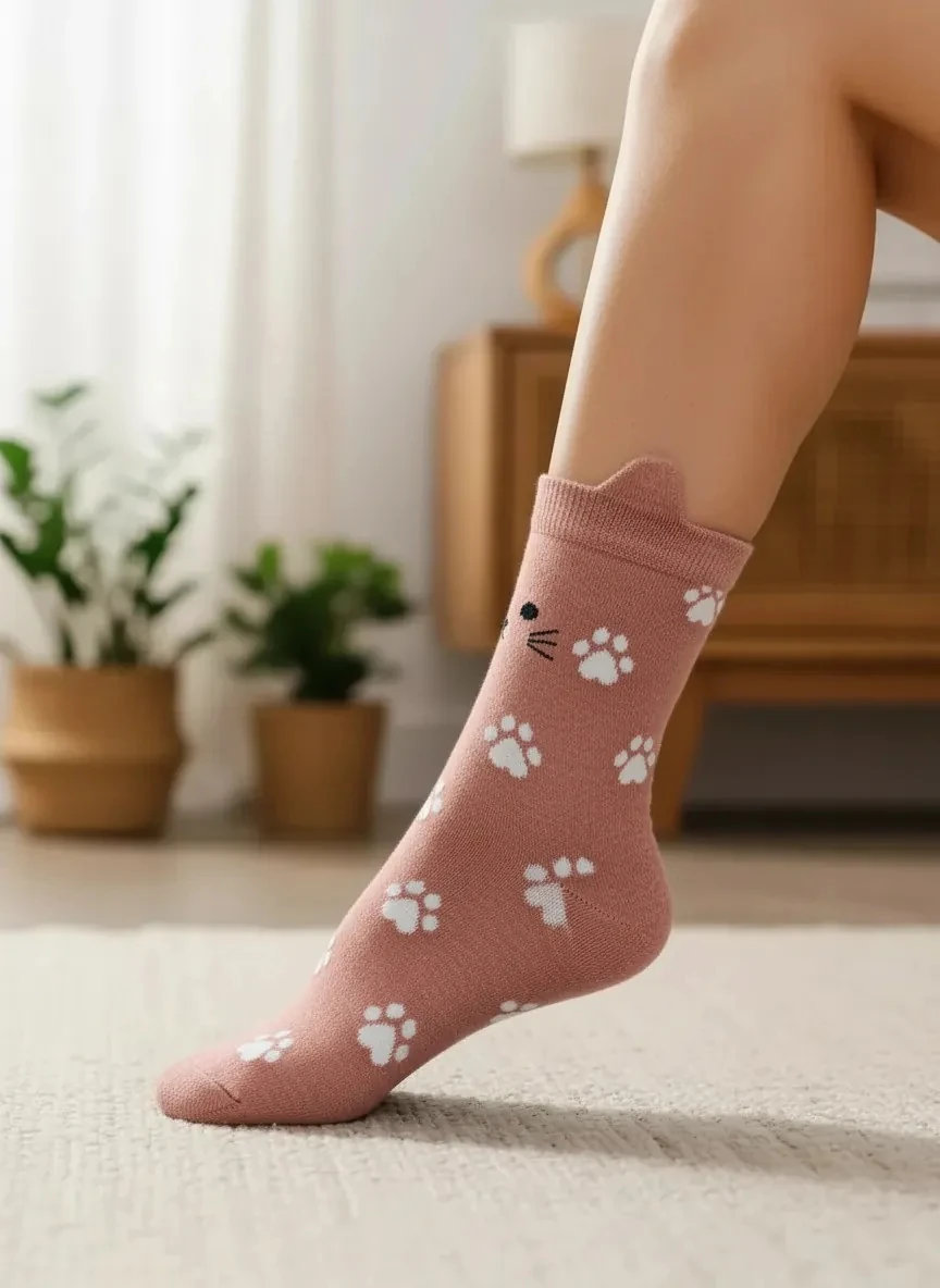 Kulaklı Kedi Desenli Gül Kurusu Renk Çorap (36-44 Numaraya Uygun) 