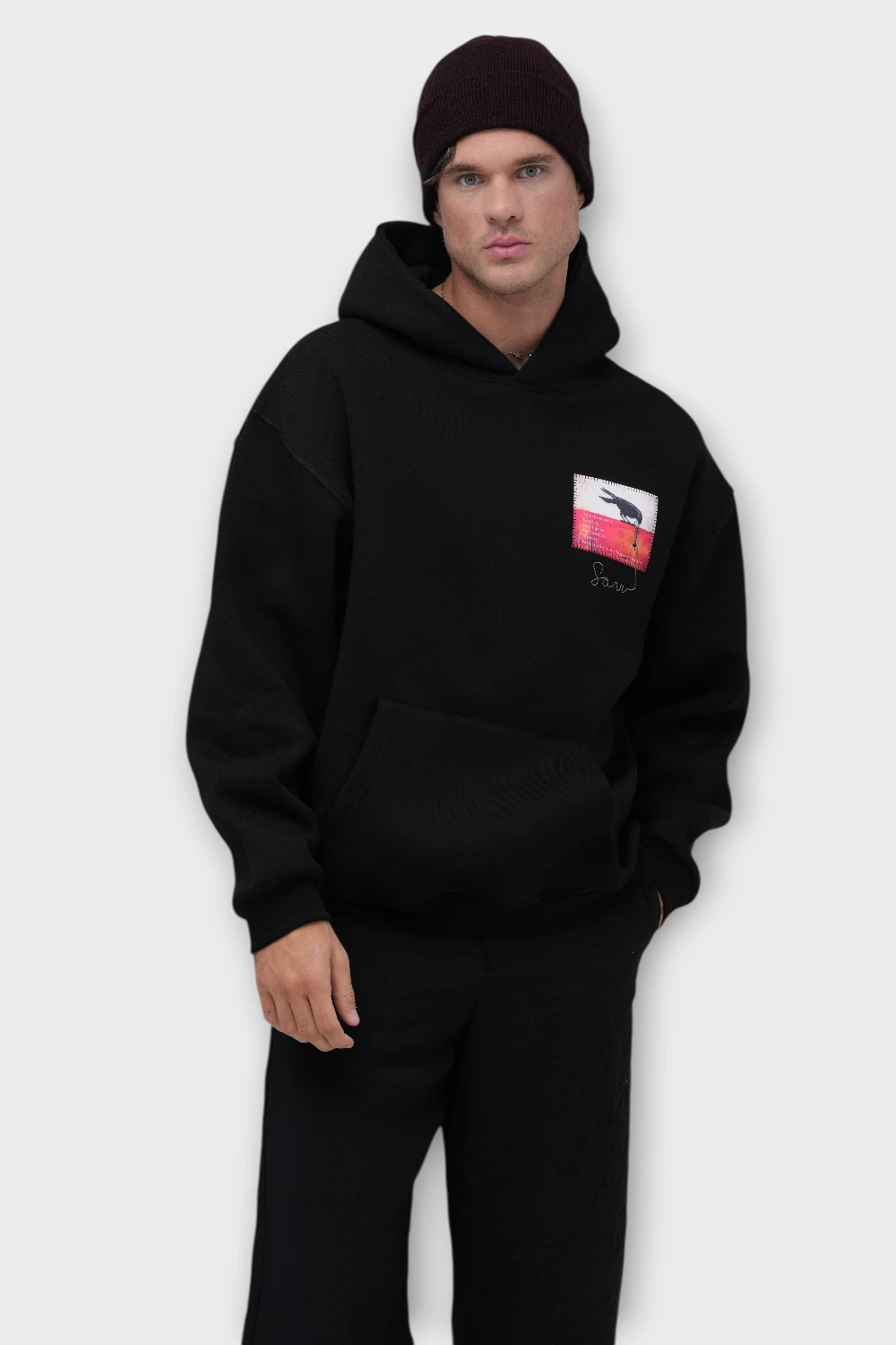 Transformation Karga Baskılı Oversize Hoodie - %100 Pamuk Şardonlu (İçi Polarlı) - Siyah