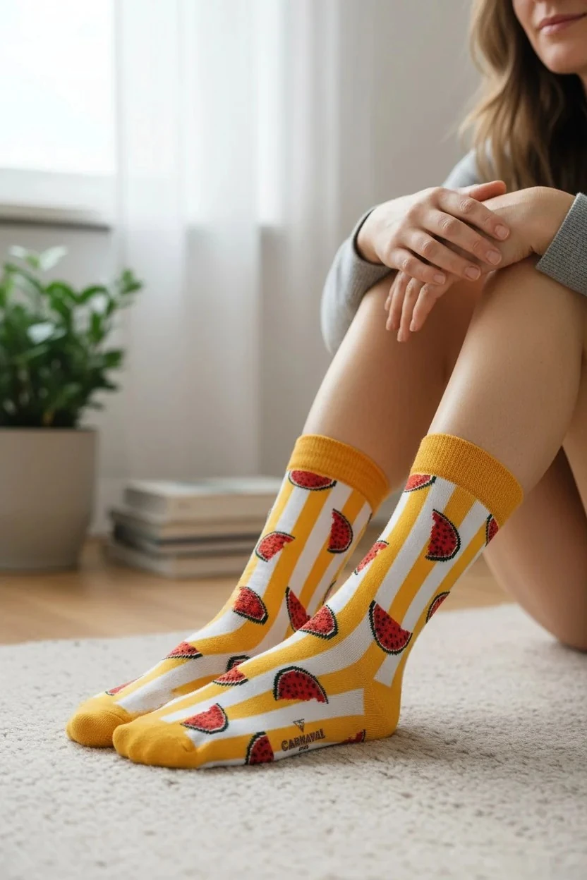 Turuncu Şeritli Karpuz Desenli Çorap (36-44 Numaraya Uygun)