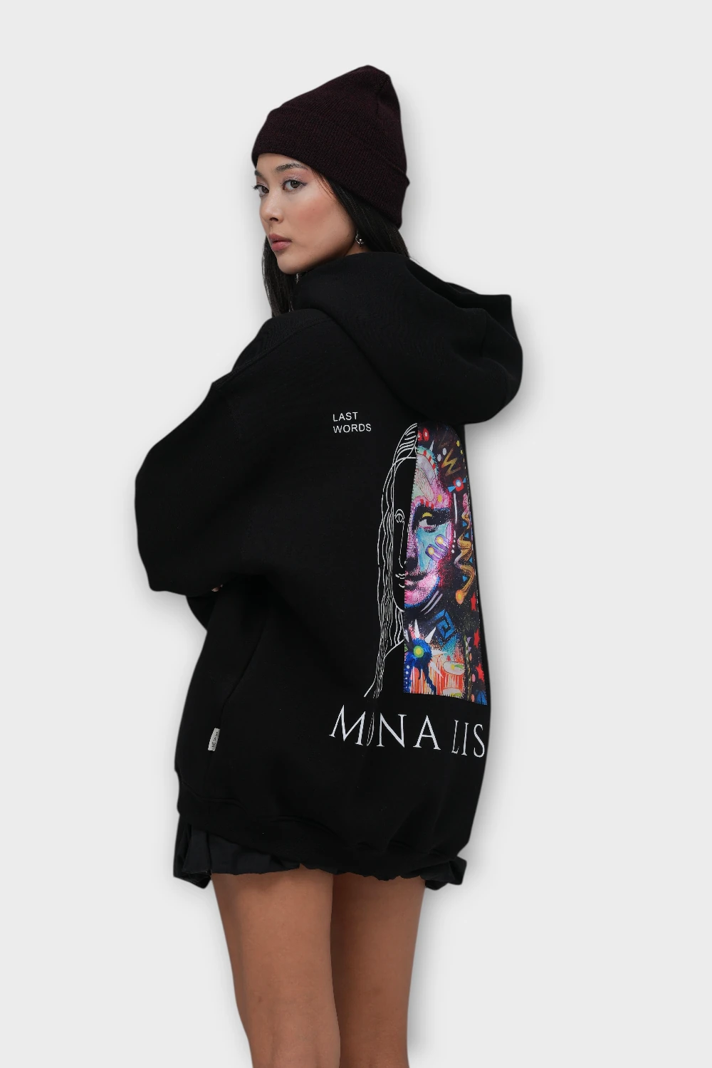 Mona Lisa Oversize Hoodie  - Şardonlu %100 Pamuk - Siyah