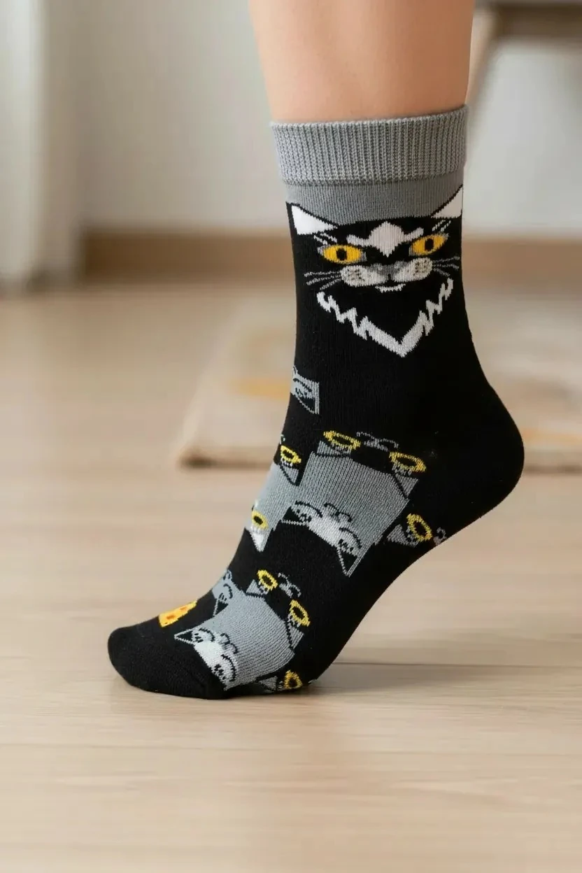Sağ Sol Farklı Kedi Desenli Çorap (36-44 Numaraya Uygun)