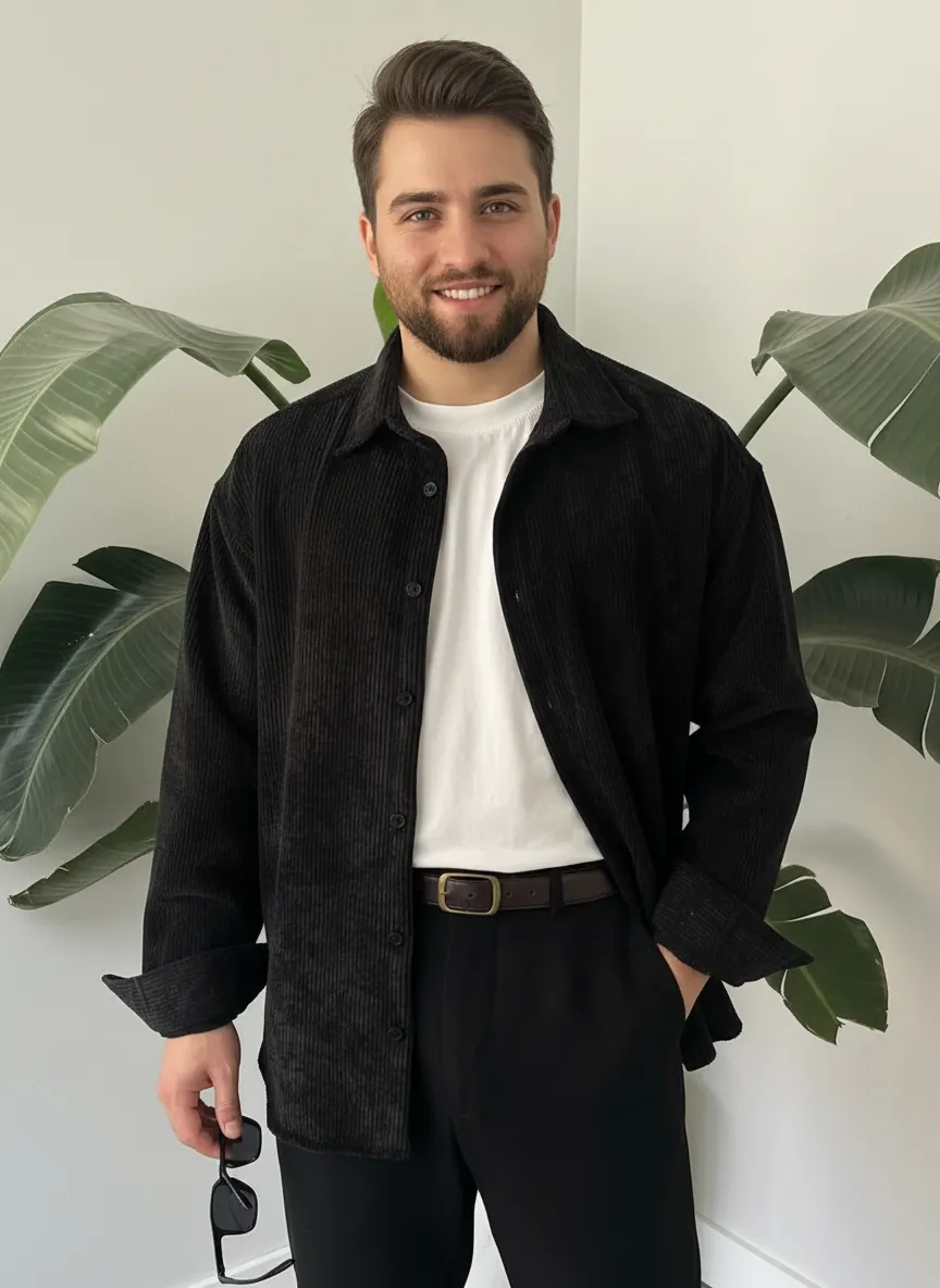 Siyah Oversize Kadife Gömlek