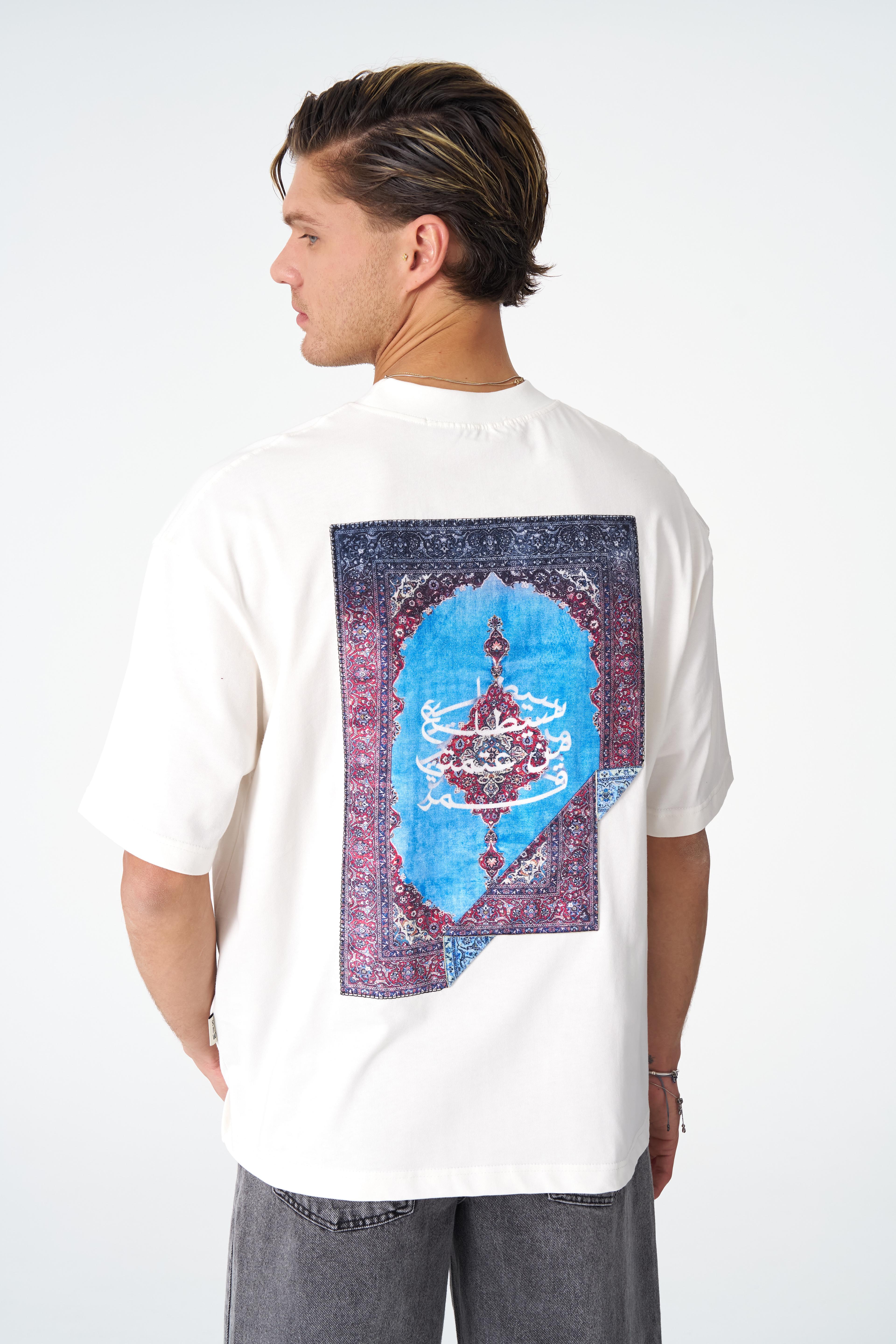 Halı Motifli Oversize Tişört - Beyaz