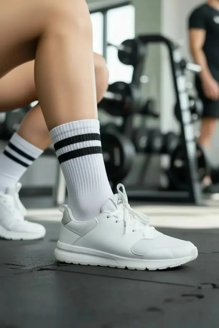 Beyaz Renkli Çift Siyah Şeritli Desenli Renkli Spor Çorap