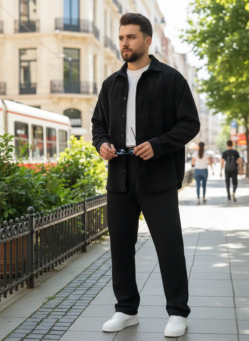 Siyah Oversize Kadife Gömlek