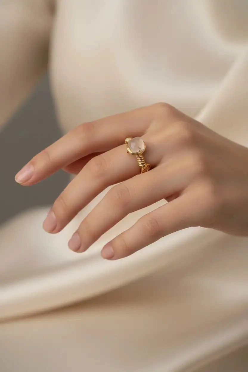 Doğal Ay Taşlı Altın Kaplama Pirinç Yüzük - SYMNY05