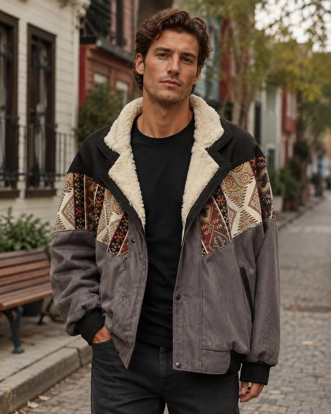 8019) Recien Unisex Kürklü Yaka Vintage Aztek Ceket Oversize 90lar