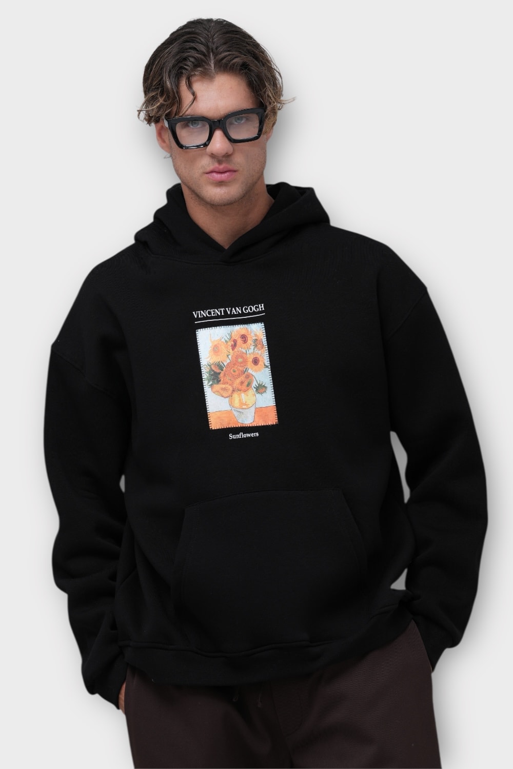 Sunflowers Oversize Hoodie  - %100 Pamuk - Siyah