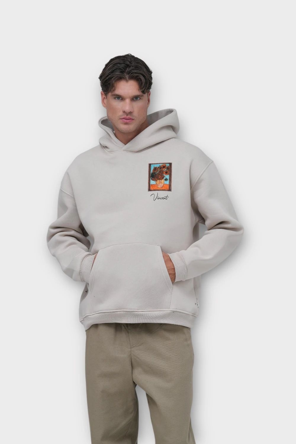 One Day Oversize Hoodie  - Şardonlu %100 Pamuk - Taş