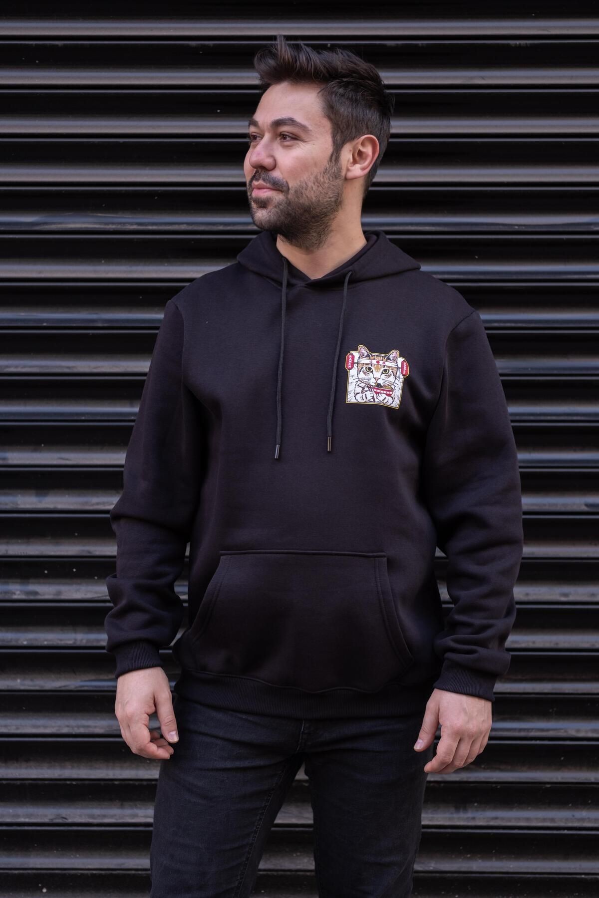 Ramen Kedi Baskılı Siyah Hoodie - CNSW12