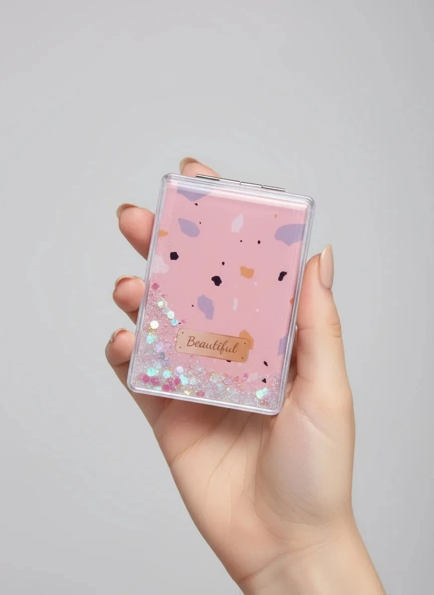 Beautiful Yazılı Pembe Renk Simli Su Dolu Ayna 6 * 8.5 cm - YA161