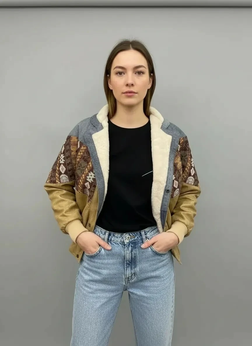 (7642) 36/38 Beden Uyumlu Vintage Desen Oversize Unisex Ceket