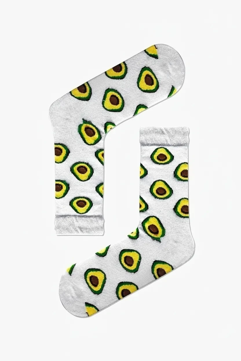 Beyaz Avokado Desenli Renkli Çorap (36-44 Numaraya Uygun)