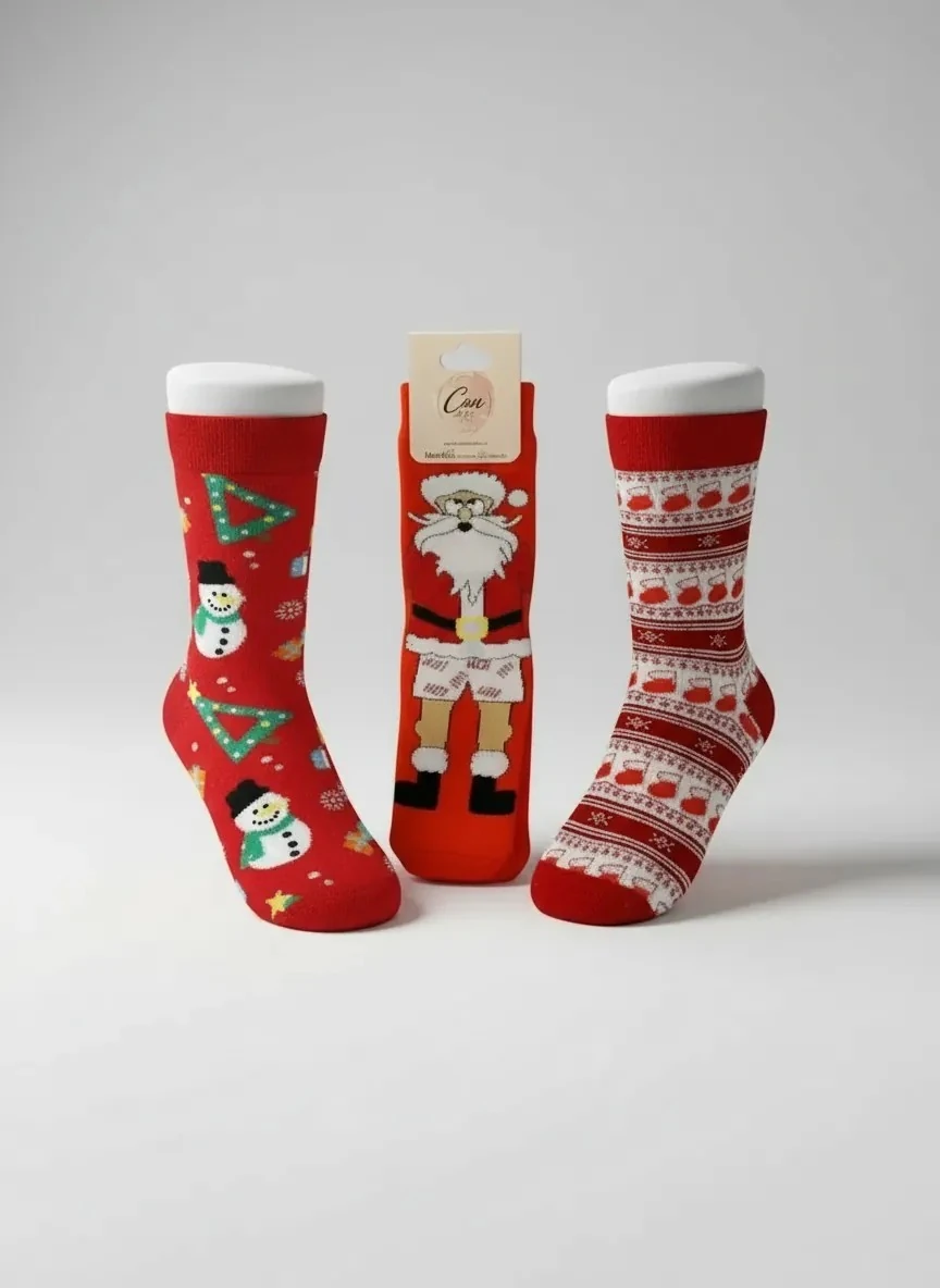 3'lü Yılbaşı Seti Kırmızı Havlu Çorap - Noel Baba (36-46 Numaraya Uygun)