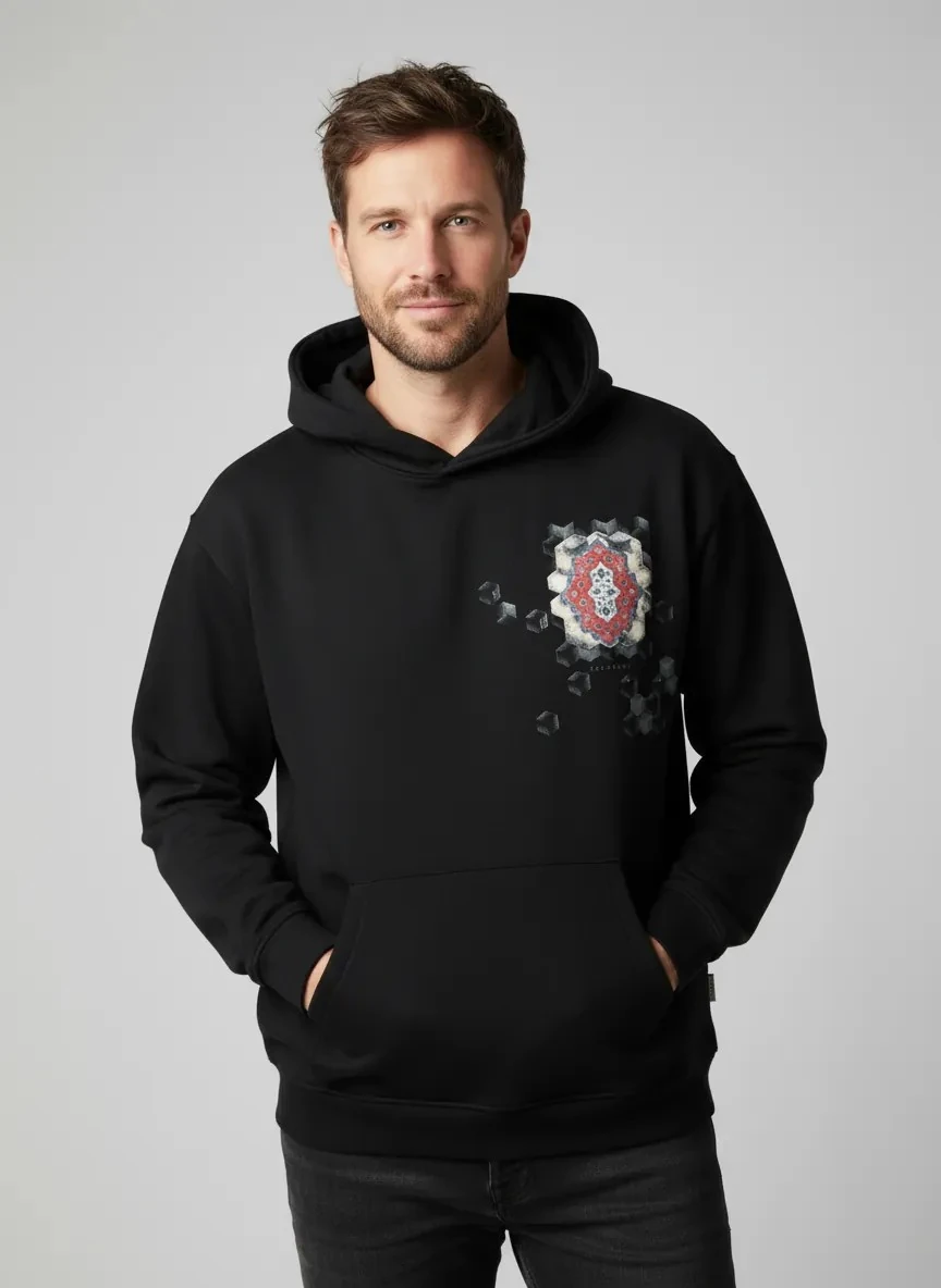 İllusion Oversize Hoodie - Şardonlu %100 Pamuk - Siyah