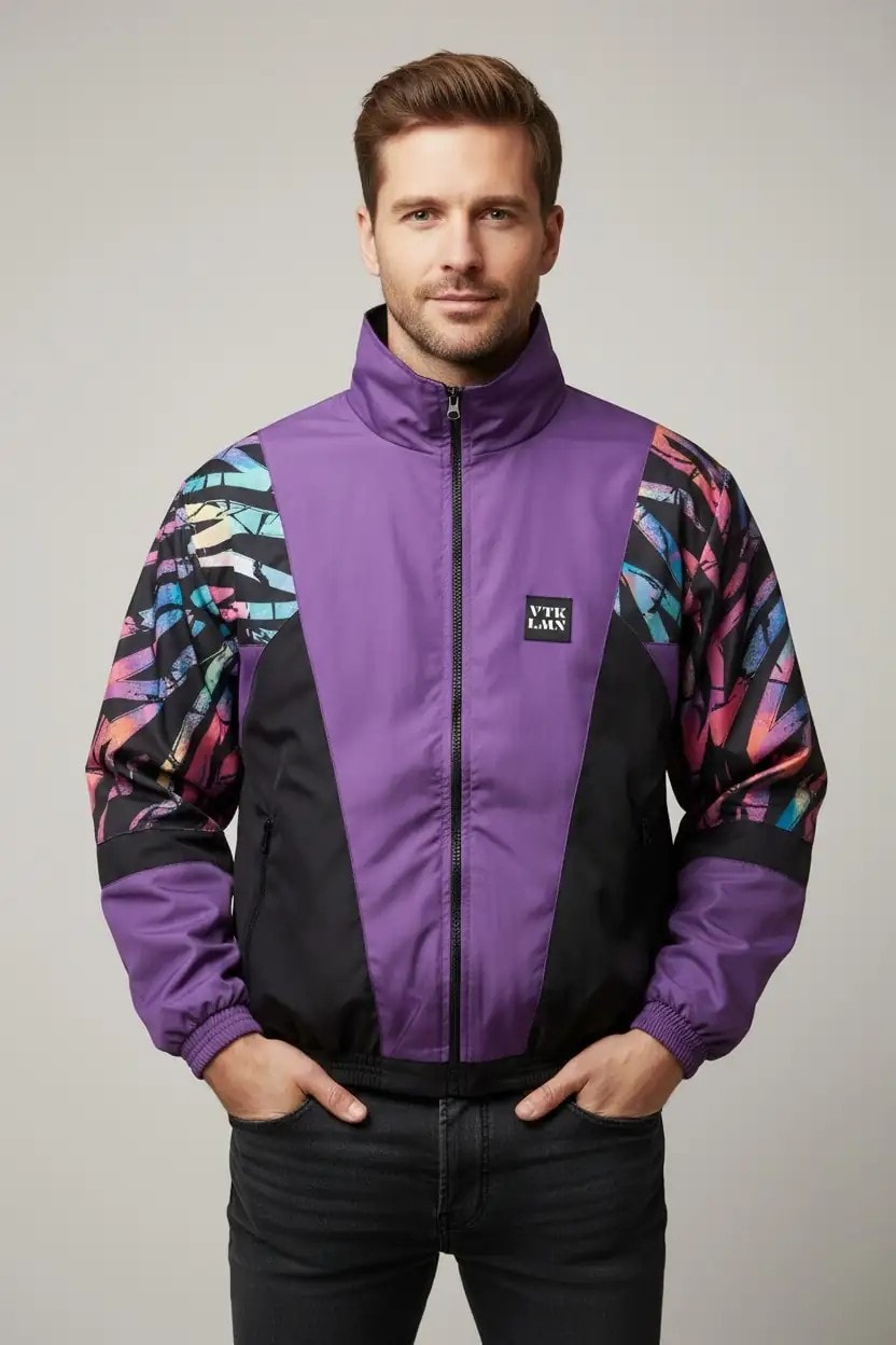 Unisex Mor Renk Desenli Bomber Ceket