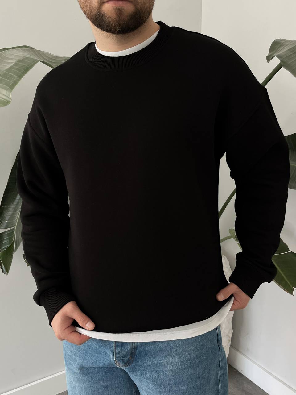 Basic Siyah Oversize Kalın Sweatshirt - 3 İplik Şardonlu