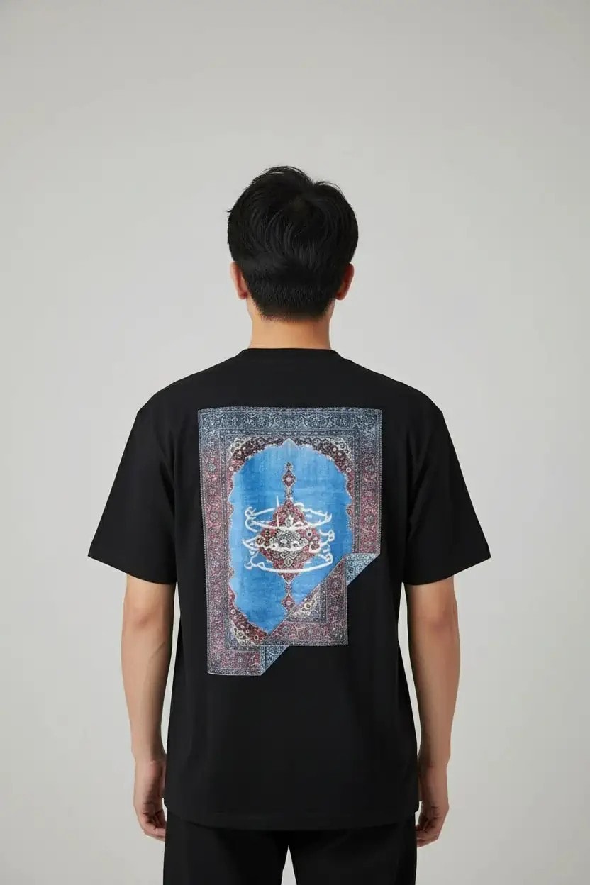 Halı Motifli Oversize Tişört - Siyah