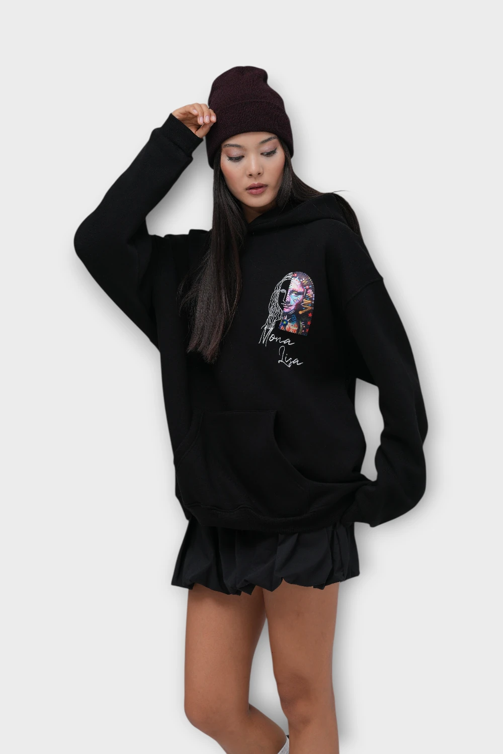 Mona Lisa Oversize Hoodie  - Şardonlu %100 Pamuk - Siyah