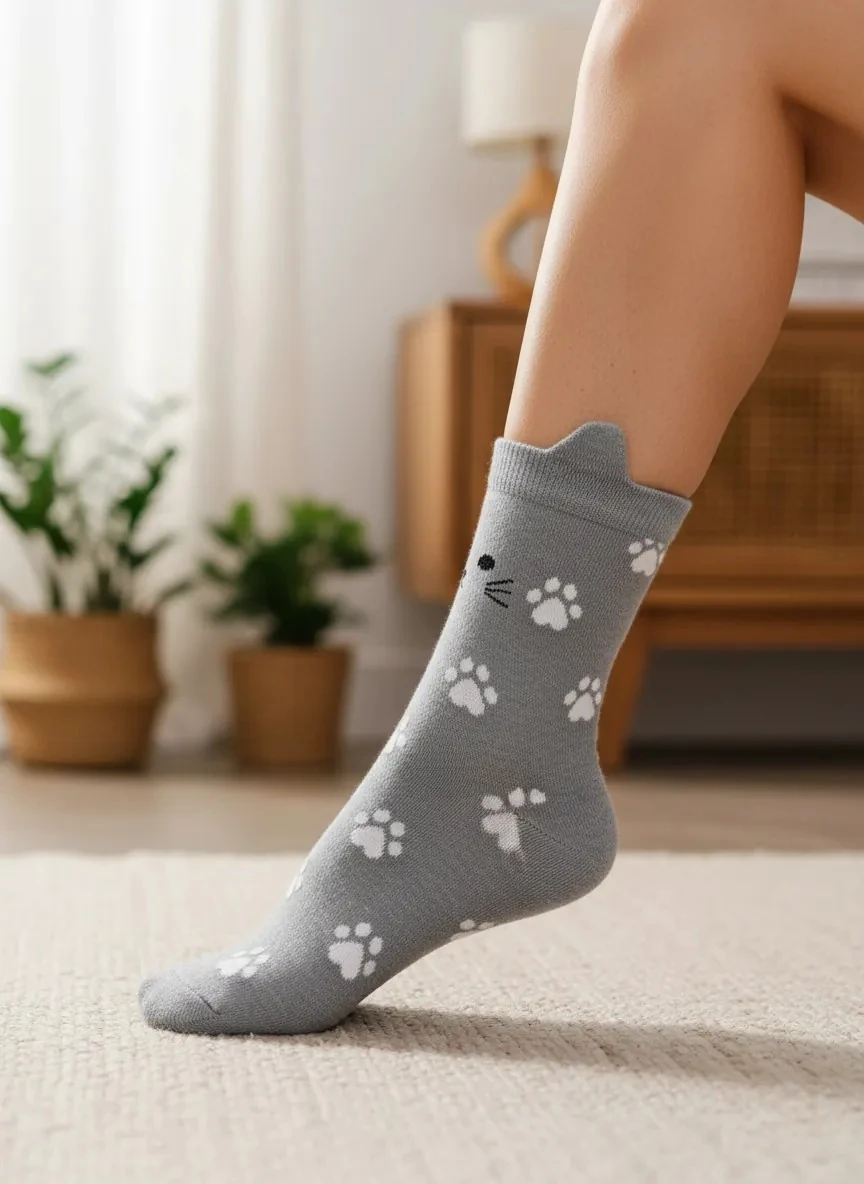 Kulaklı Kedi Desenli Çorap (36-44 Numaraya Uygun)