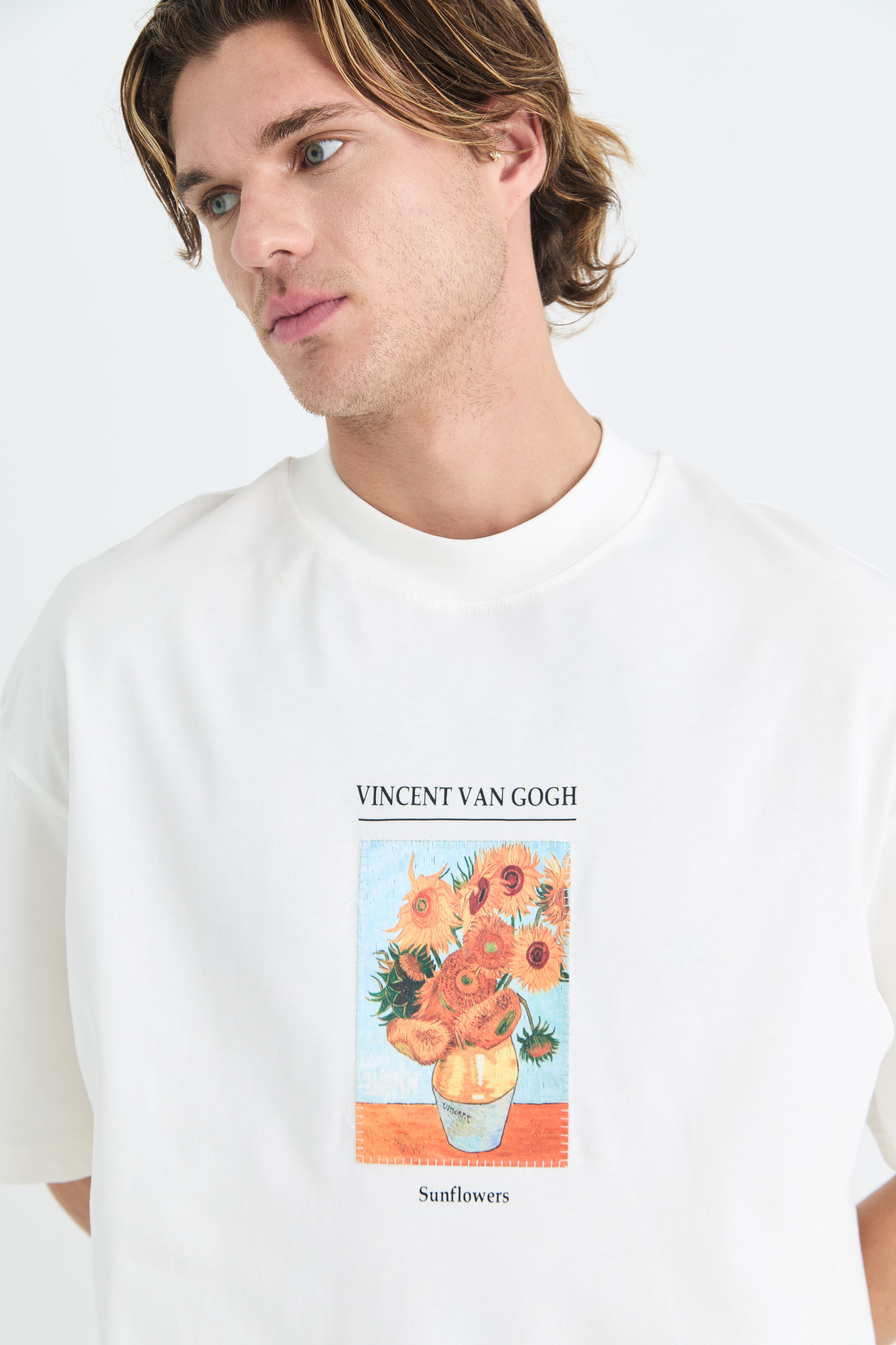 Vincent van Gogh Sunflowers Oversize Tişört - Beyaz