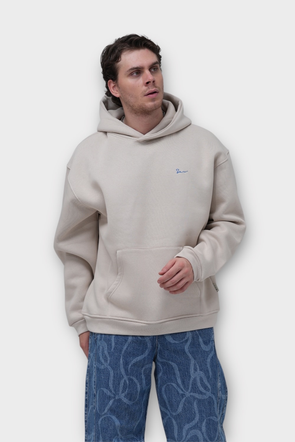 Halı Motifli Oversize Hoodie - Taş