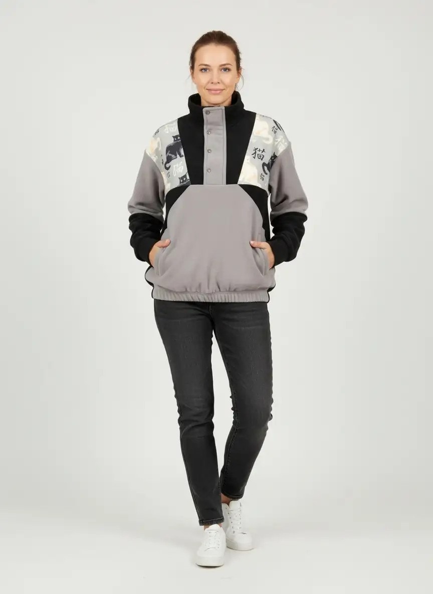 Unisex Japon Kedi Desenli Polar