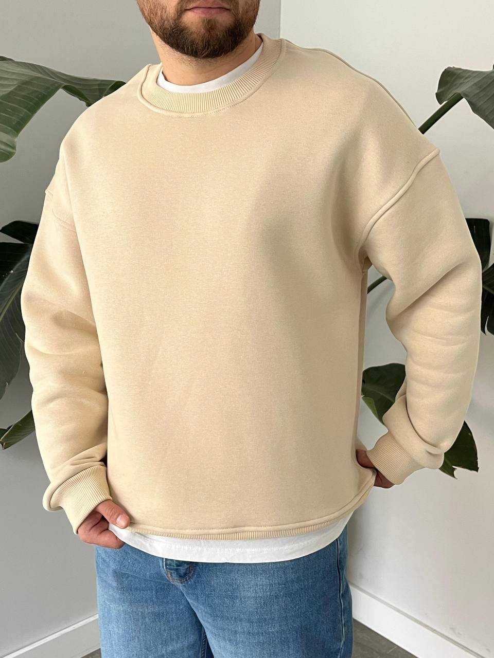 Basic Bej Oversize Kalın Sweatshirt - 3 İplik Şardonlu