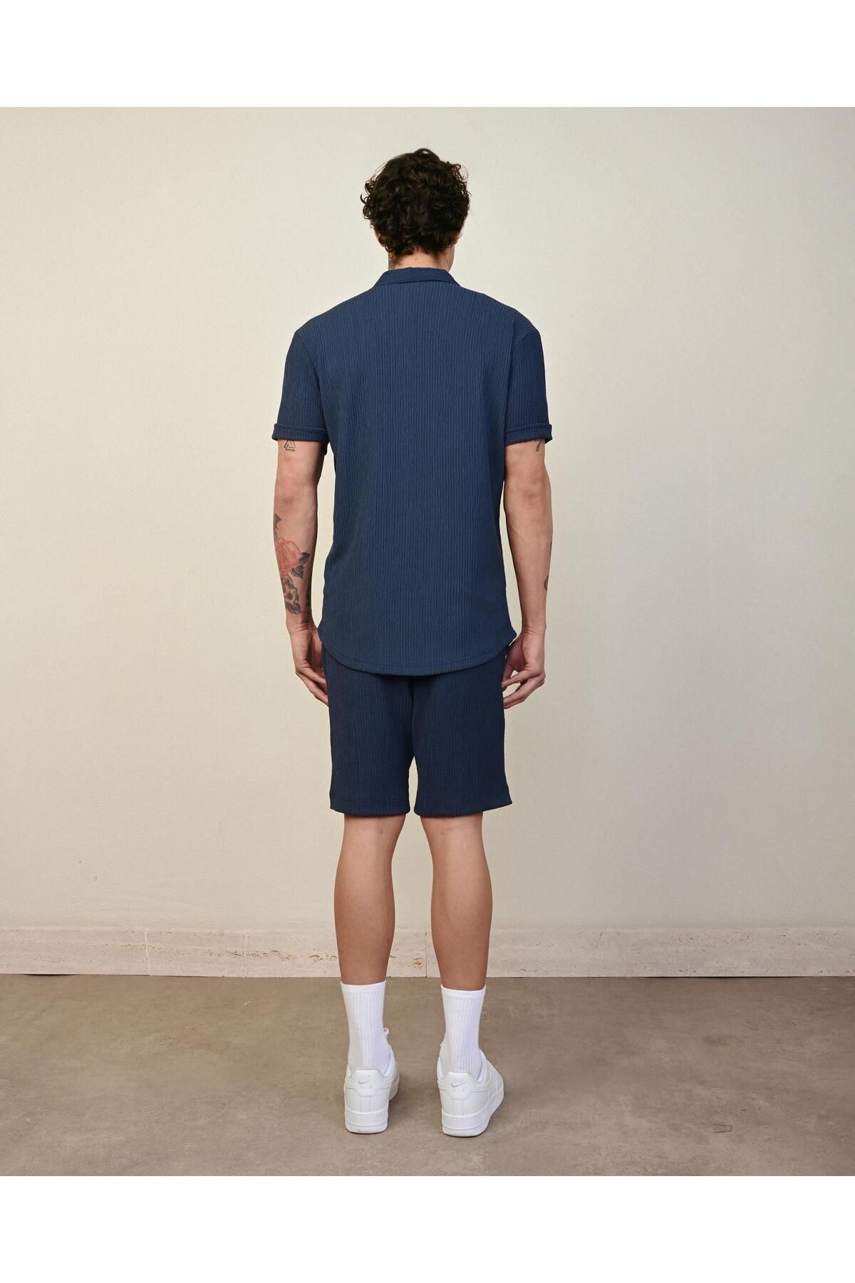 Slim Fit Gofre Kumaş Kısa Kollu  Premium Gömlek (1757) - İNDİGO