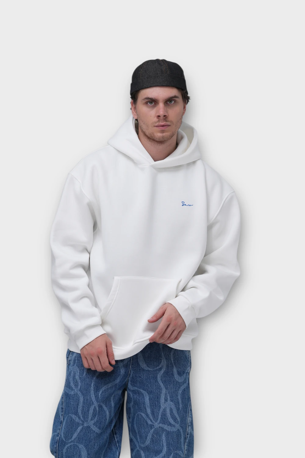 Halı Motifli Oversize Hoodie - Beyaz