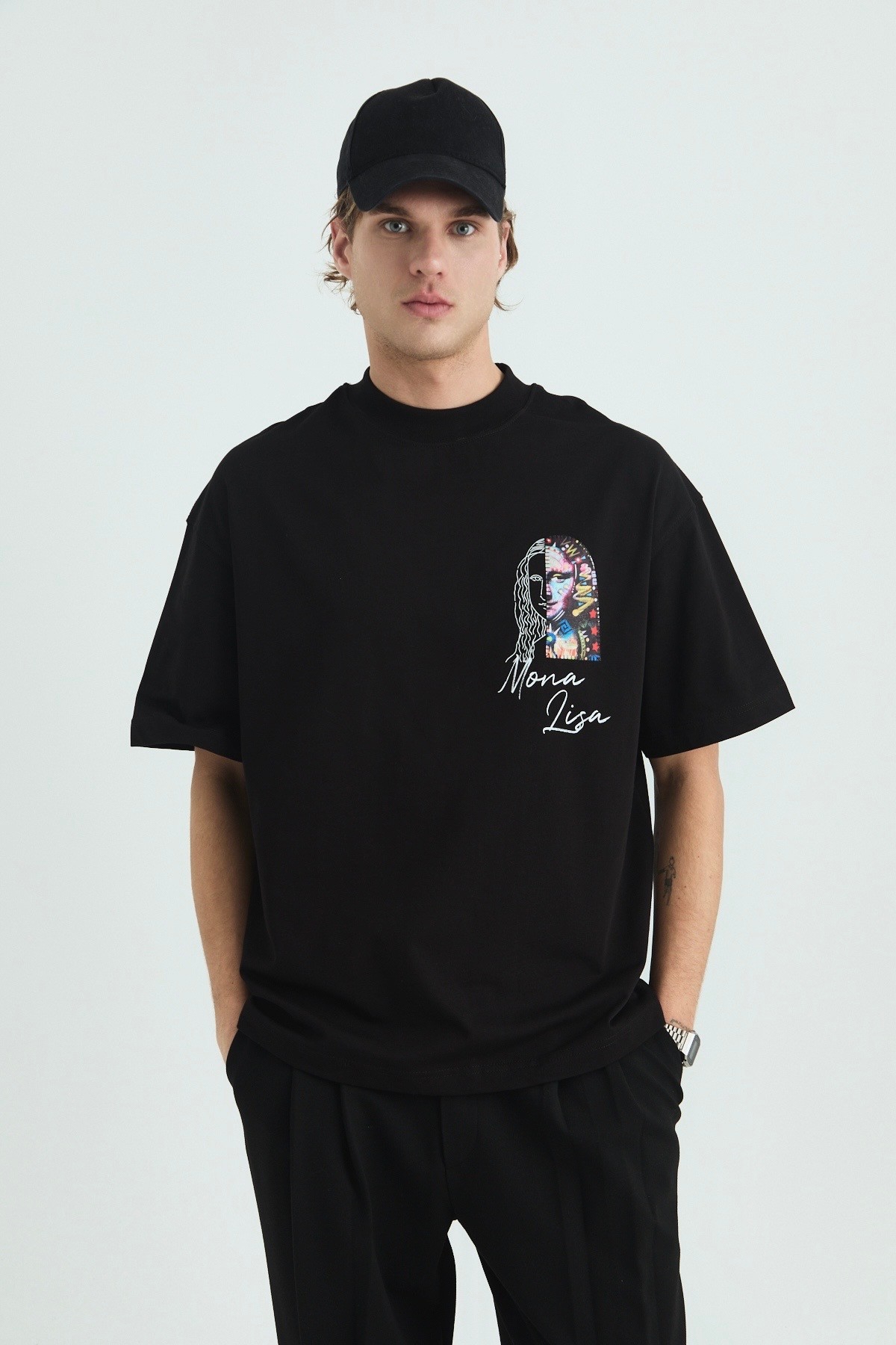 Mona Lisa Oversize Tişört - Siyah