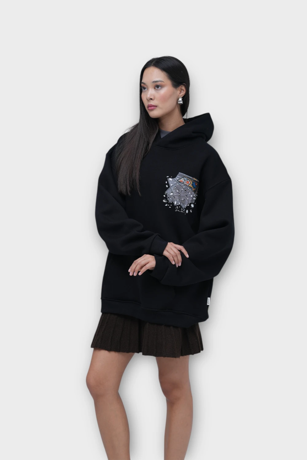 Mozaik Oversize Hoodie - Şardonlu %100 Pamuk - Siyah