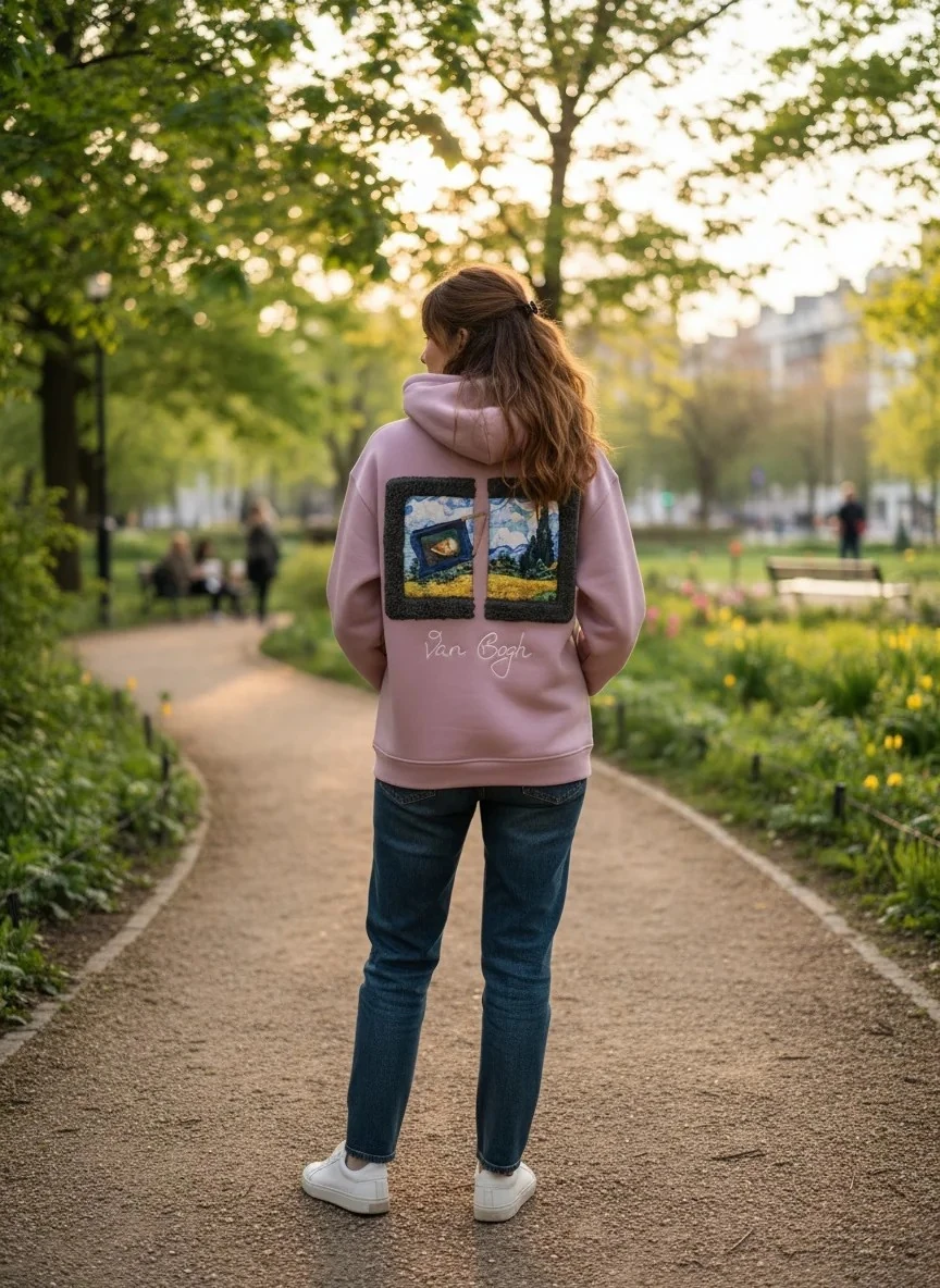 Van Gogh Peluş Tablo Desenli Oversize Hoodie  - Şardonlu %100 Pamuk - Pembe