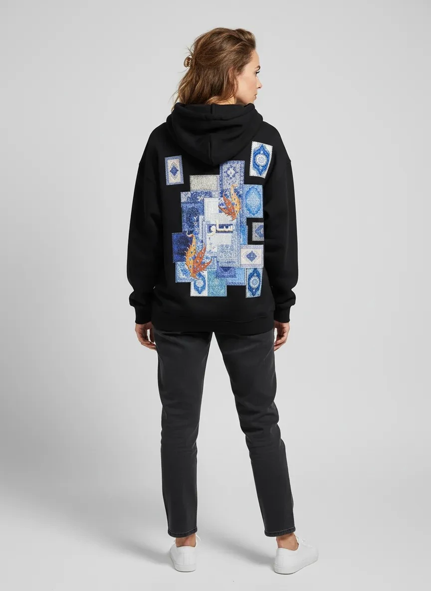 Selam Oversize Hoodie - Şardonlu %100 Pamuk - Siyah