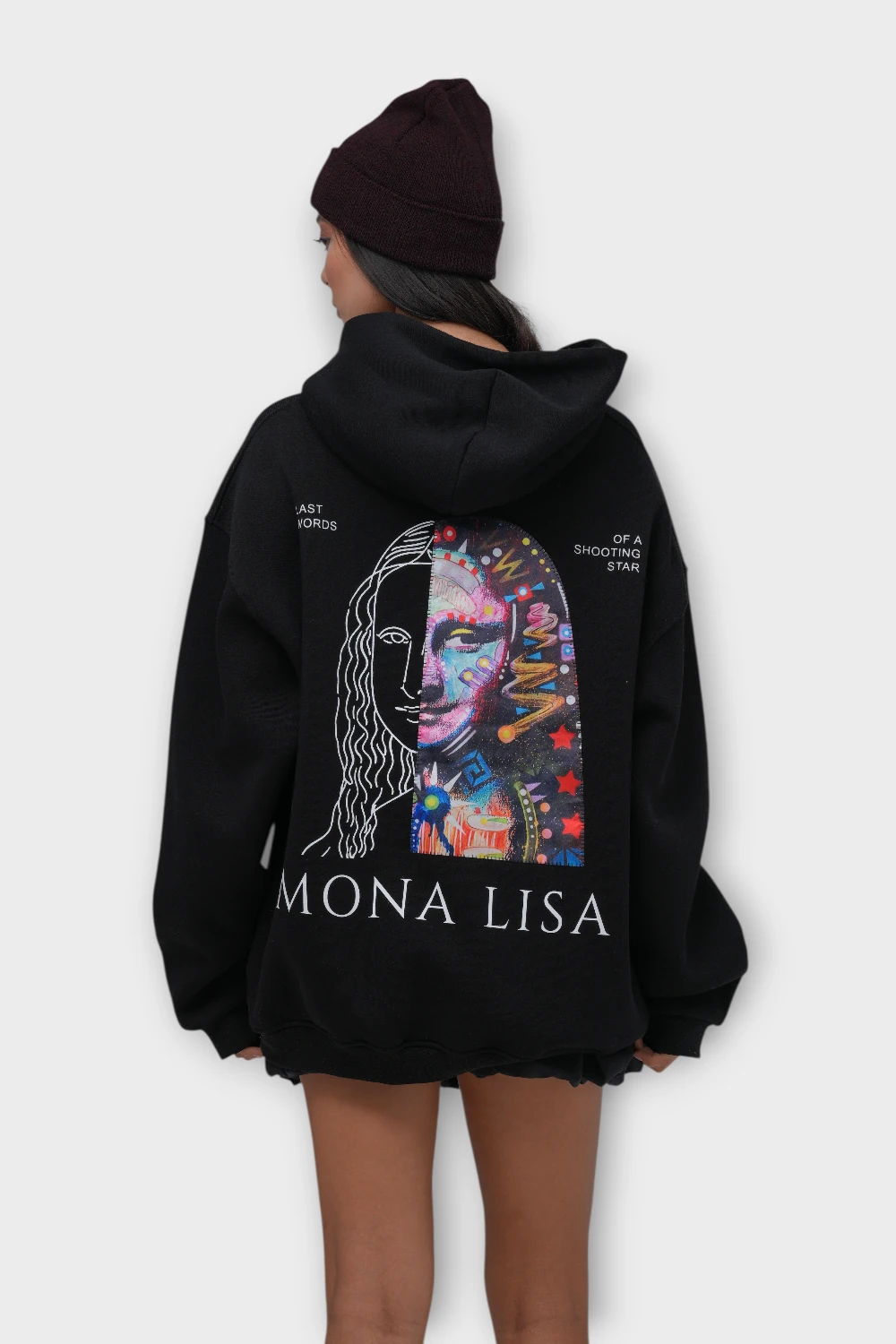 Mona Lisa Oversize Hoodie  - Şardonlu %100 Pamuk - Siyah