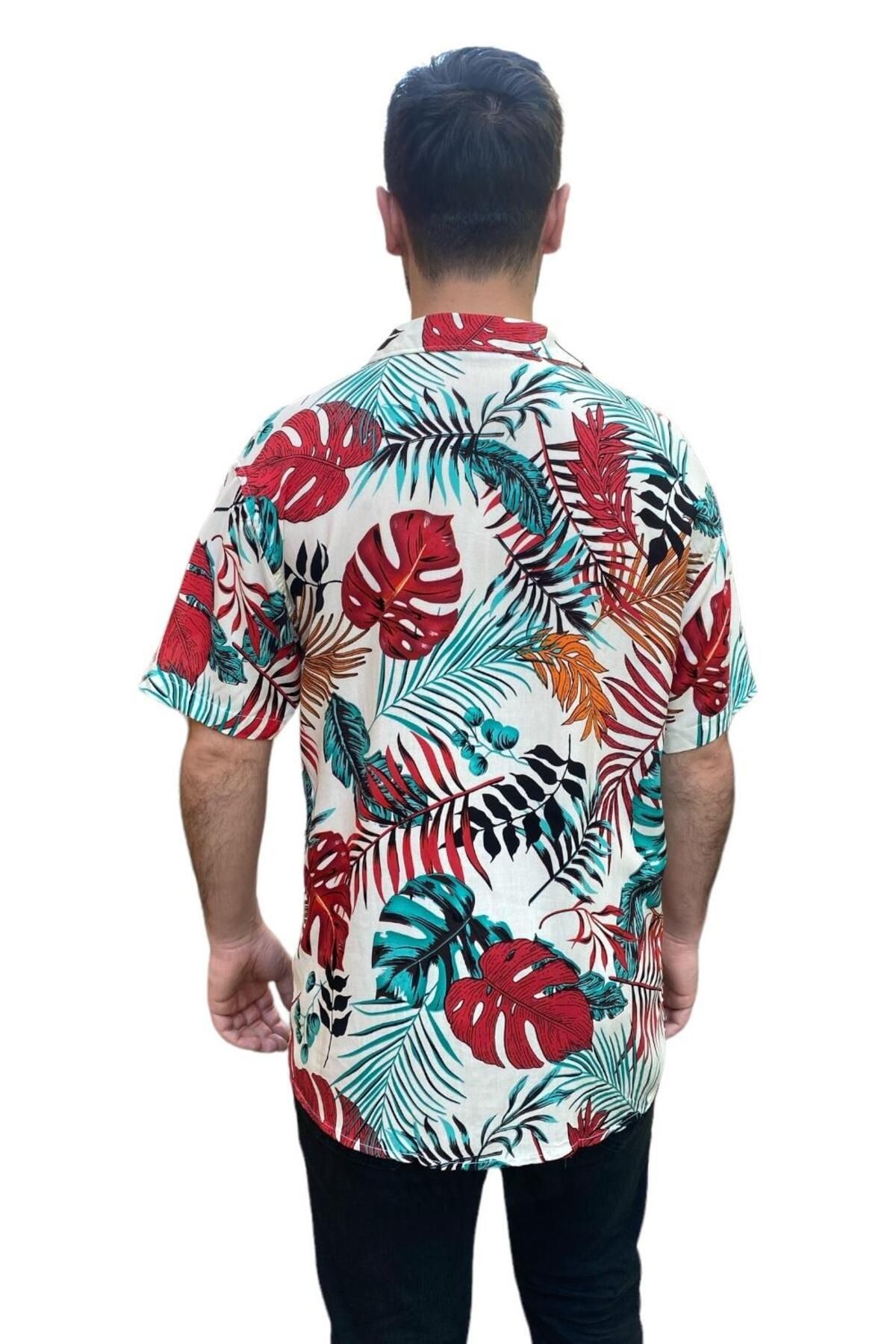 Erkek Beyaz Hawaii Gömlek - Tropikal Desenli - 210