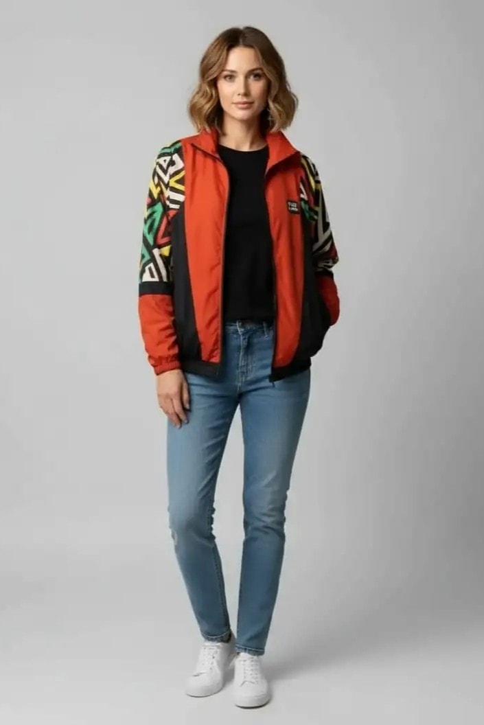 Unisex Kiremit Rengi Desenli Bomber Ceket
