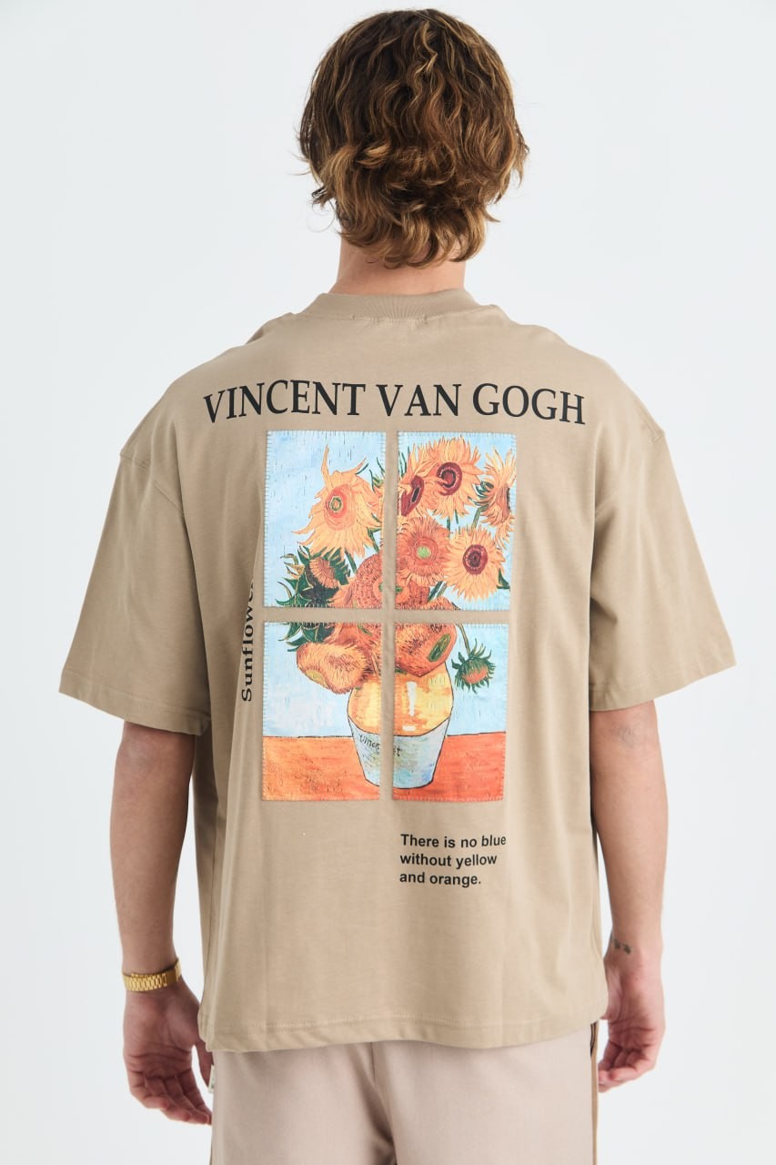 Vincent van Gogh Sunflowers Oversize Tişört - Vizon