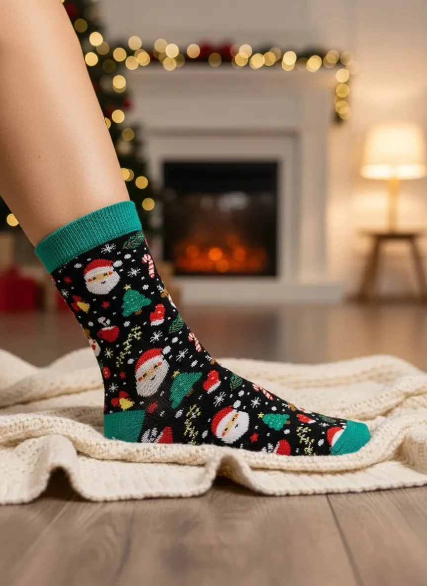 Karışık Yılbaşı Temalı Havlu Yeşil Renk Yılbaşı Çorabı - CM165