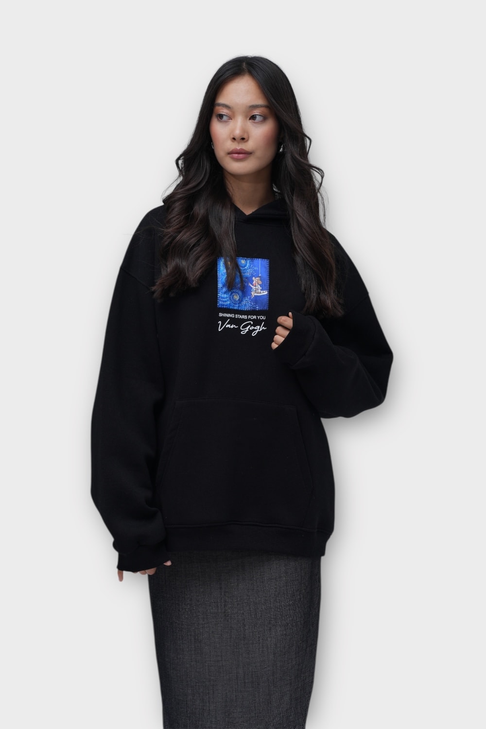 Shining Stars for You Oversize Hoodie  - %100 Pamuk - Siyah