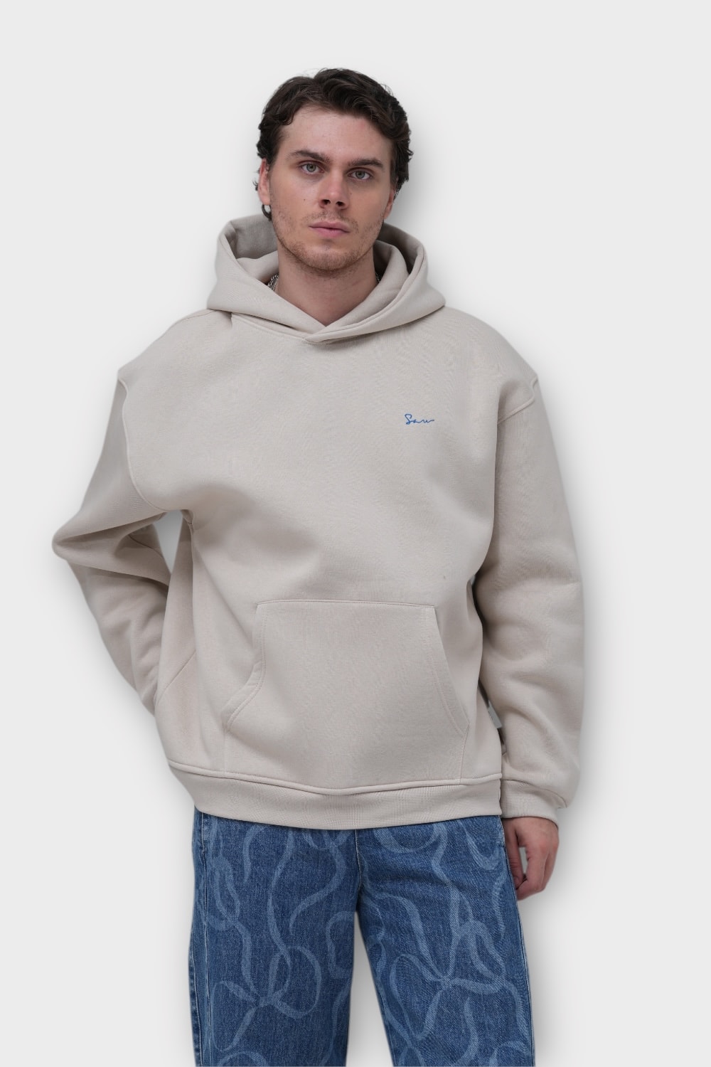 Halı Motifli Oversize Hoodie - Taş