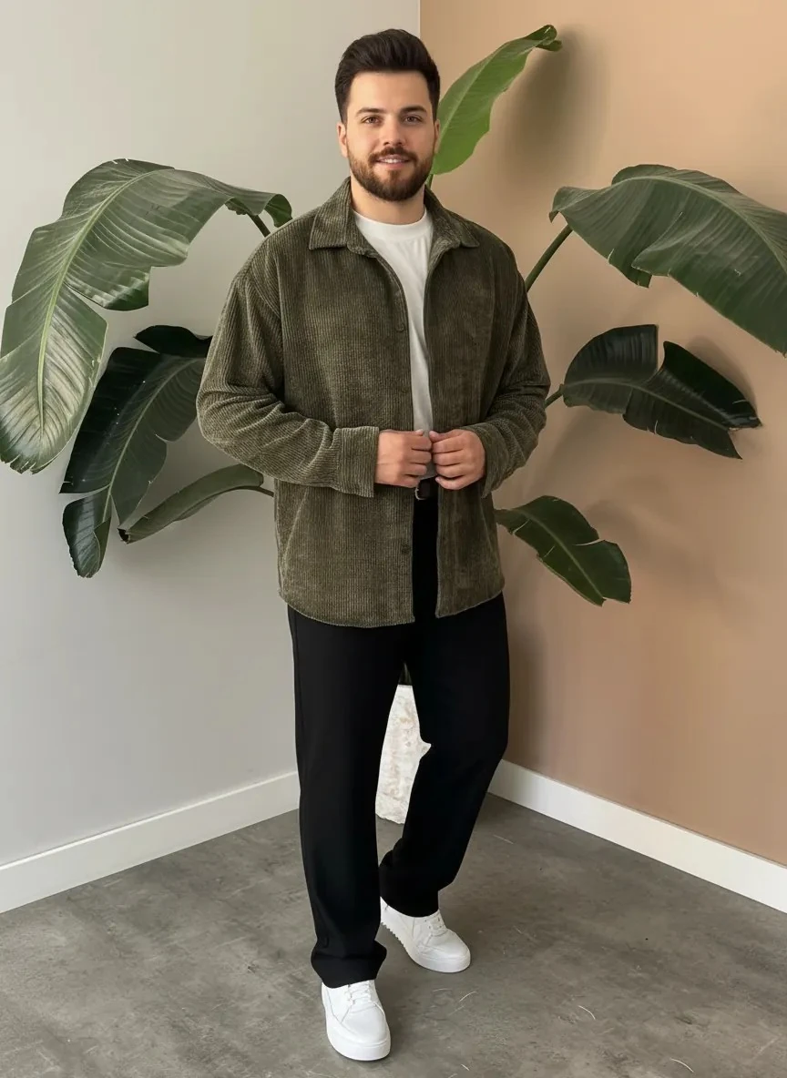 Yeşil Oversize Kadife Gömlek