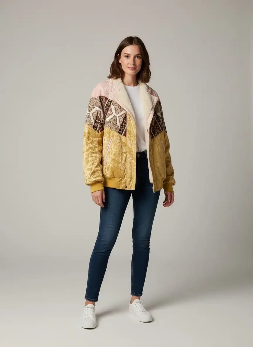 (7508) Small / Medium Beden Uyumlu Oversize Vintage Desen Ceket