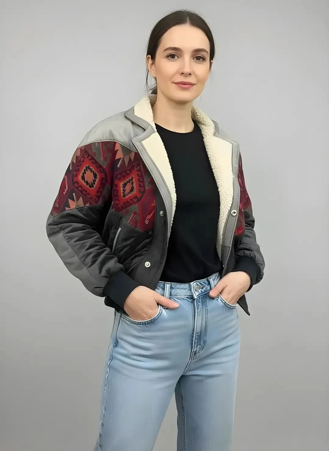 (7632) Small / Medium Beden Uyumlu Oversize Vintage Desen Ceket