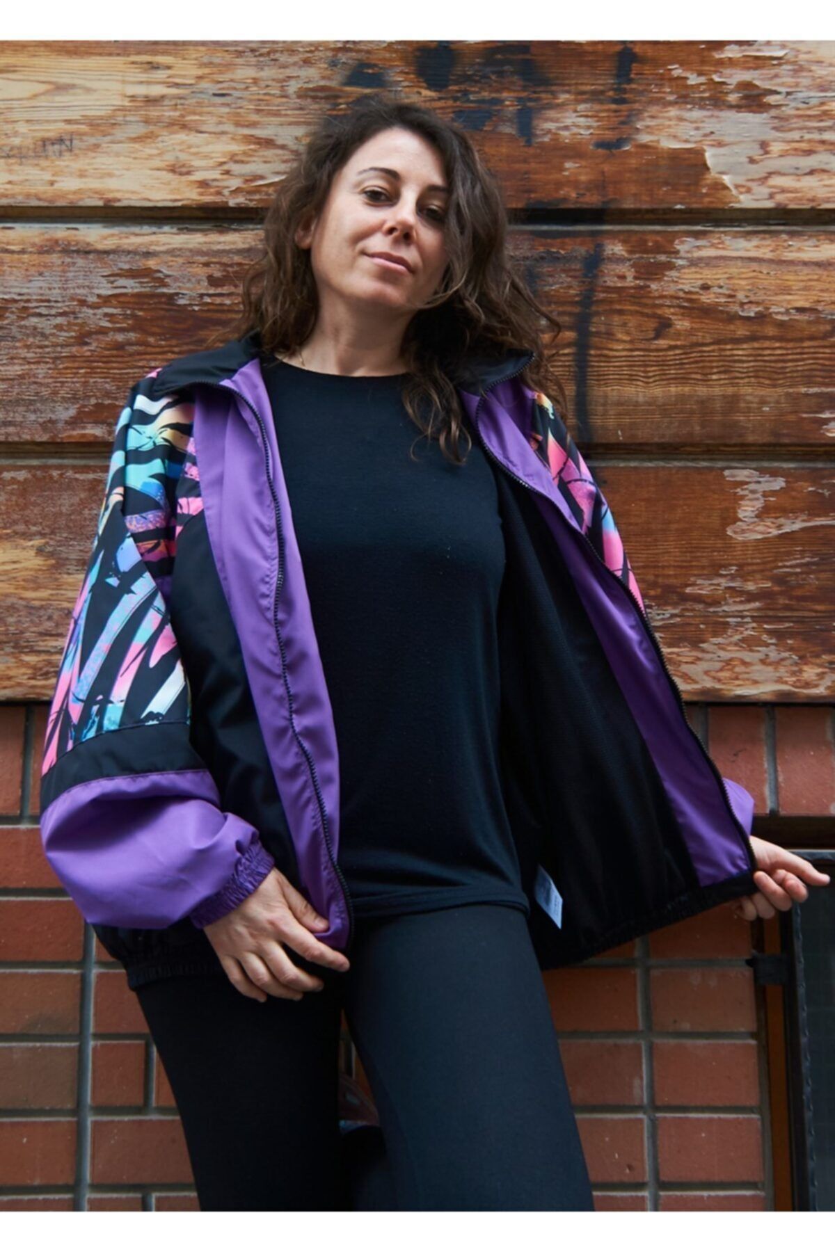 Unisex Mor Renk Desenli Bomber Ceket