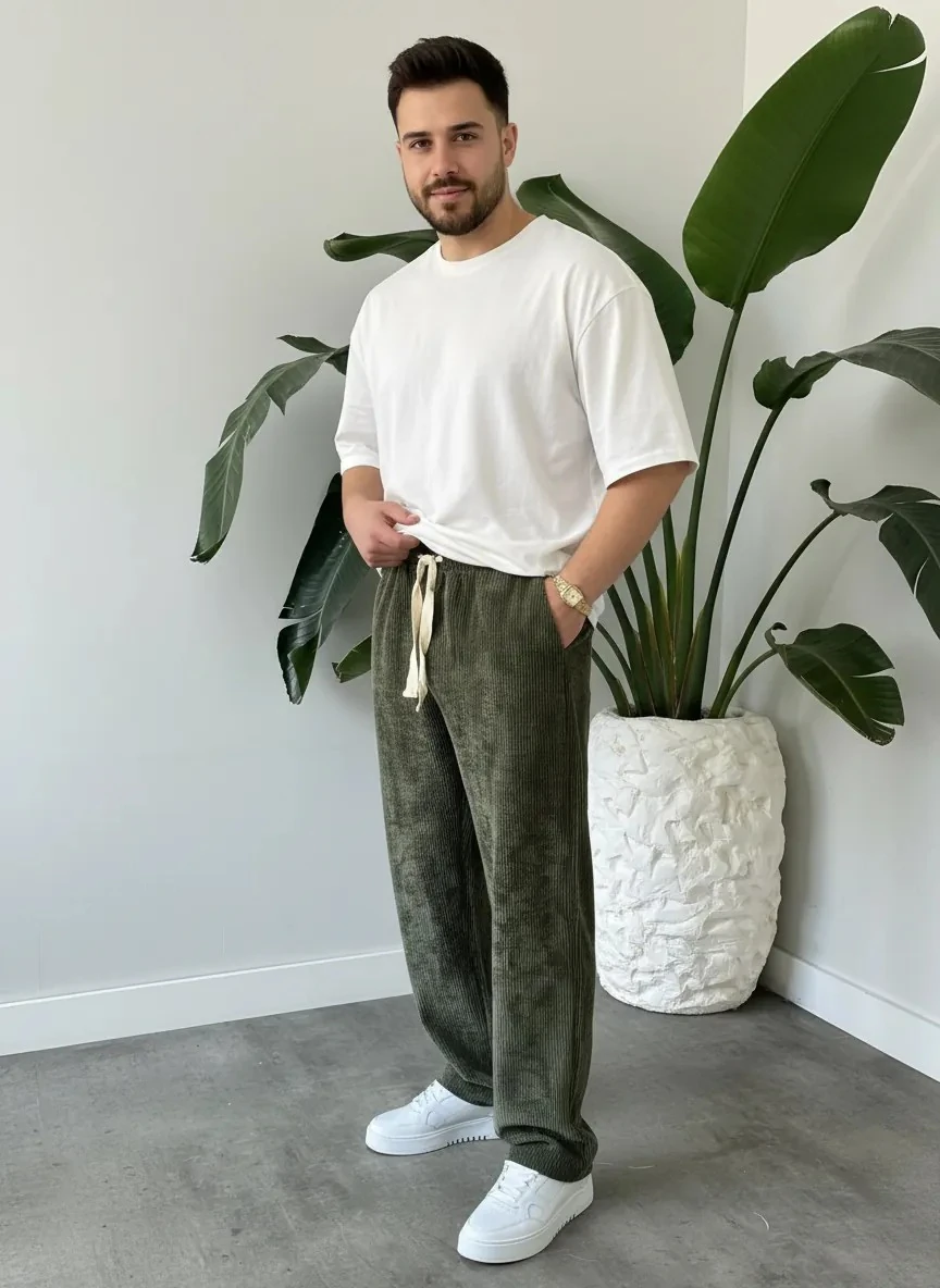 Yeşil Kadife Baggy Pantolon